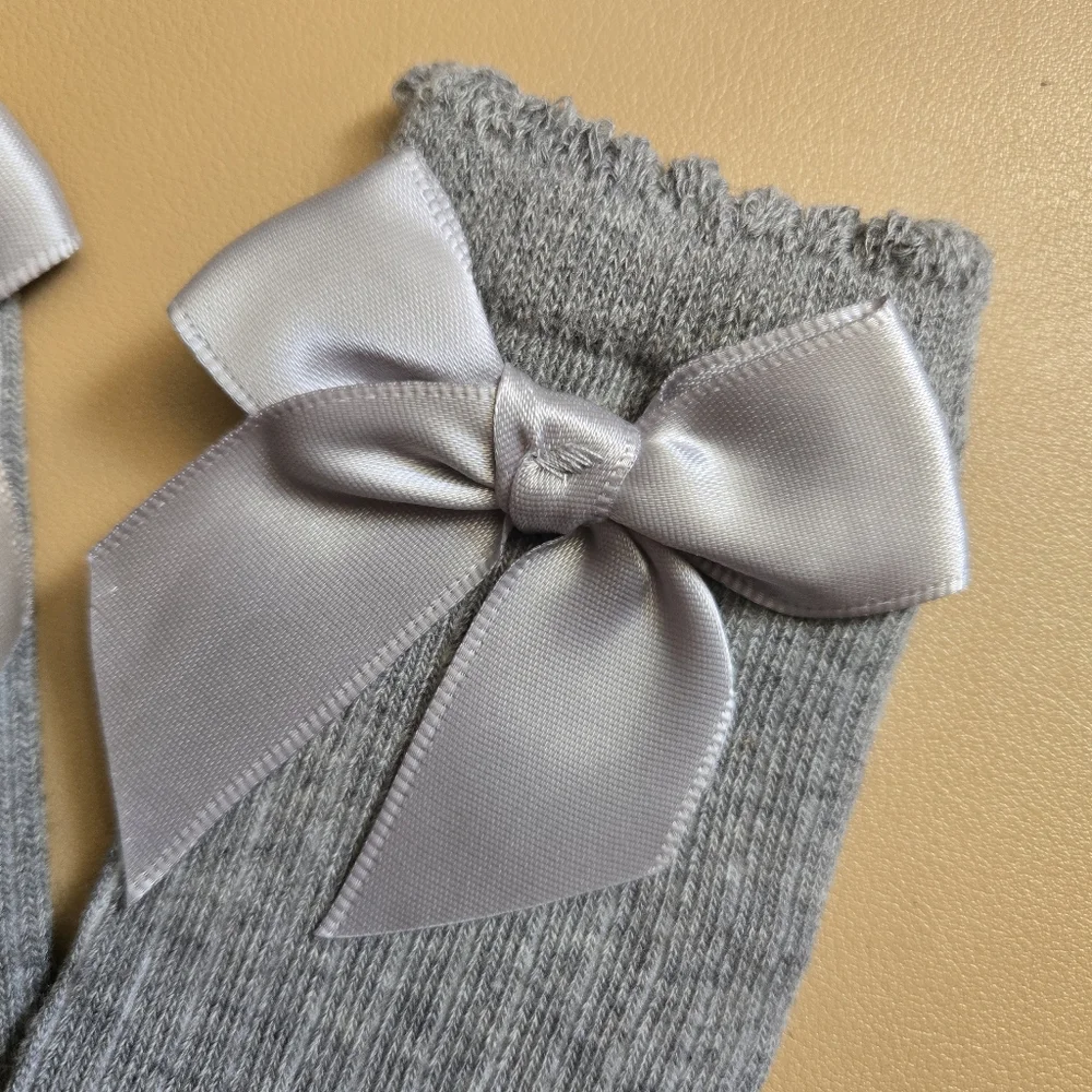 Boho Toddler Girl Knee High Gray Ribbed Trouser Socks Satin Bowknot Accessory